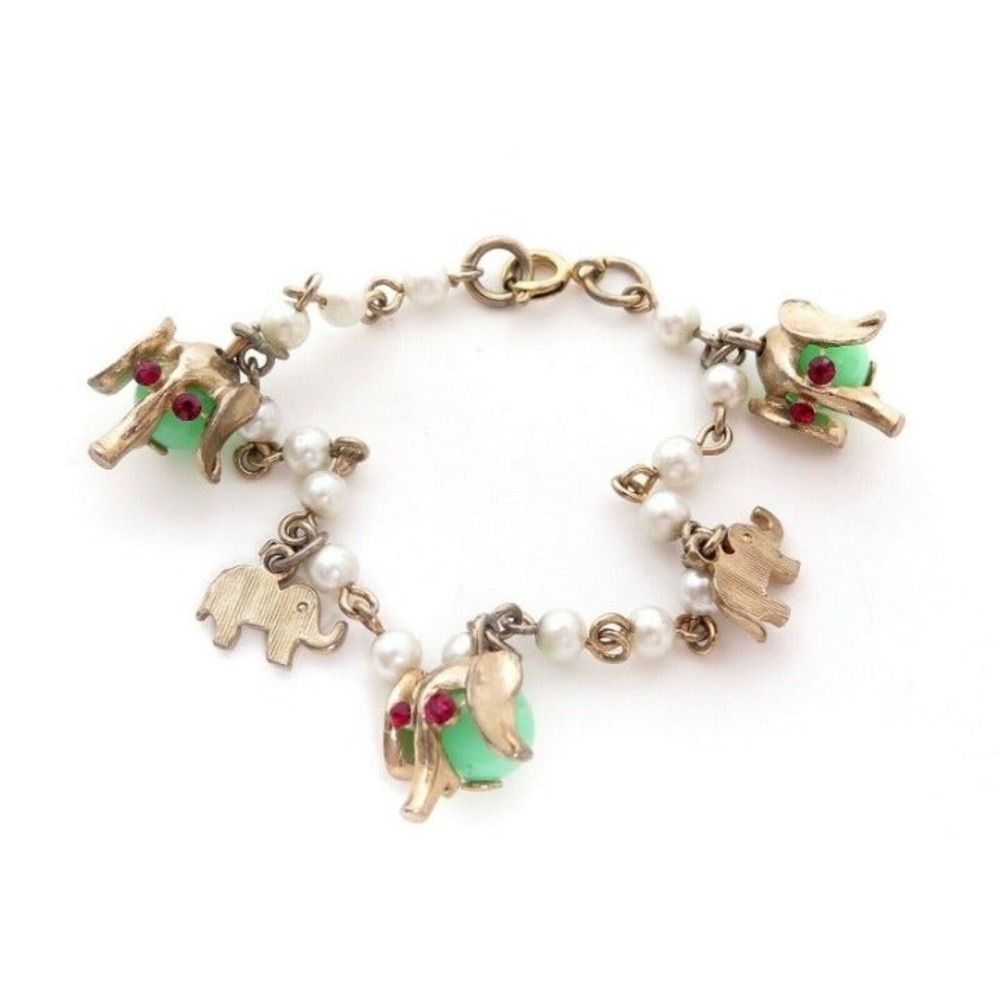 VINTAGE GOLD PLATED ELEPHANT‎ PEARL CHARM BRACELET